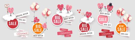 Valentines day sale set round banners, paper cut stickers with funny characters animated hearts. Collection of vector elements for holiday promotions and discountsのイラスト素材