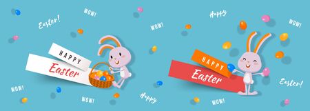 Happy Easter set of paper cut banners with cute bunnies and Easter eggs. Isolated vector clip art with amusing rabbits for festive design and advertisingのイラスト素材