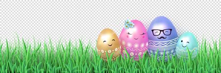 Easter design Family of Easter eggs in a meadow in green grass.