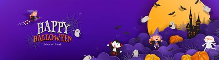 Happy Halloween banner trick or treat with night clouds, witch, vampire, ghost, bats, castle in paper cut style. Party invitation vector horizontal backgroundのイラスト素材