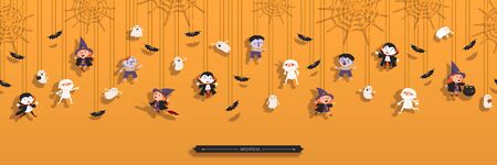 Halloween Seamless Border with Witch, Vampire, Ghost, Bats, Zombie, Mummy in paper cut style. Trick or treat Concept. Halloween design element. Vector Illustrationのイラスト素材