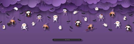 Halloween Seamless Border with Witch, Vampire, Ghost, Bats, Zombie, Mummy in paper cut style. Trick or treat Concept. Halloween design element. Vector Illustrationのイラスト素材