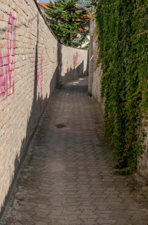 Narrow street in Trnava, Slovakiaの写真素材