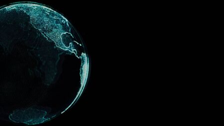 Earth rotating loop of rotating glowing dots stylised world globe with orbits with copy spaceの写真素材