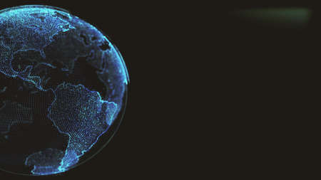 Earth rotating loop of rotating glowing dots stylised world globe with orbits with copy spaceの写真素材