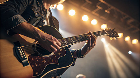 Guitarist playing acoustic guitar on stage, close-up viewの素材