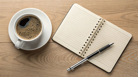 Cup of coffee with notepad and pen on the wooden tableの素材