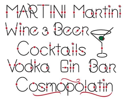 Assorted stylish words for alcohol, beer and wine and martini glass illustrationのイラスト素材