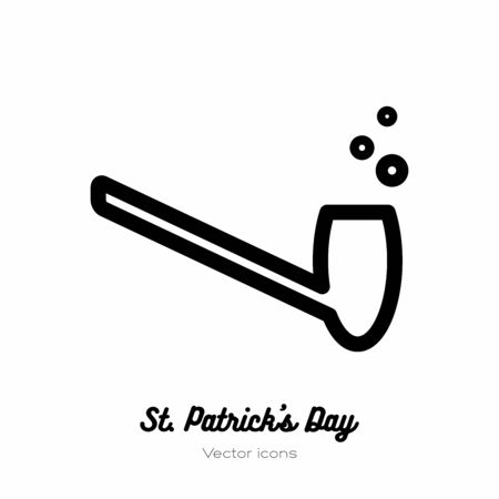 Saint Patricks day leprechaun smoke pipe, shamrock vector icon. Black white line art flat icon for   sign, button. Minimalist st Patricks day menu, flyer, poster. Isolated Patrick tobacco pipe.のイラスト素材