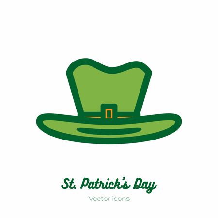 Saint Patricks day leprechaun hat, top hat vector icon. Green orange line art flat icon for logo, sign, button. Minimalist st Patricks day menu, flyer, poster. Isolated Patrick leprechaun hat.のイラスト素材