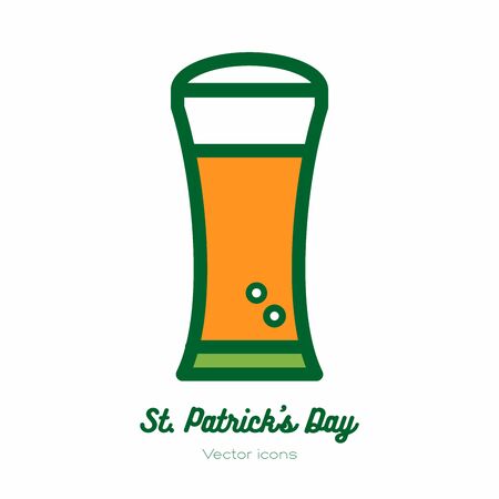 Saint Patricks day beer glass, pint mug, tankard vector icon. Orange green line art flat iconのイラスト素材