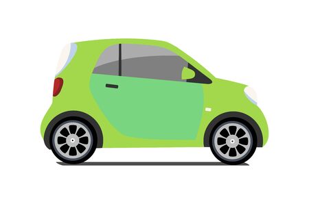 Car sharing   vector city micro green car. Eco vehicle cartoon icon isolated on white background. Cartoon vector illustration with urban ecological transport. Cute vector smart car illustration.のイラスト素材