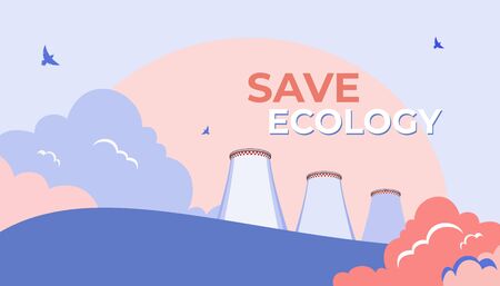 Co2 emission pollution vector illustration. Cooling tower, factory fog and micro car. Vector industrial energy. Smoking cooling tower and car. Smoking pipes, thermal power plant, emission smoke cloudsの写真素材