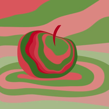 Apple fruit psychedelic pink green. Vector illustration optical illusion. Colorful hand drawn visualization. Fantastic neon wavy striped apple minimal concept rave party   poster background bannerのイラスト素材