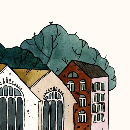 Cityscape old town hand drawn watercolor illustration. Old city landscape with tower, houses, trees. Grunge ink line sketch for vintage tourist card, poster, postcard, flyer, banner. Small town view.の写真素材