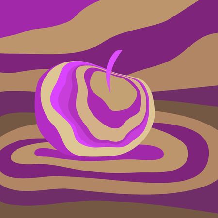 Apple fruit psychedelic purple beige. Vector illustration optical illusion Colorful hand drawn visualization. Fantastic neon wavy striped apple minimal conceptのイラスト素材