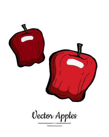 Apples vector isolated. Red fruits hand drawn illustration. Trendy food vegetarian menu fruit   icon. Whole apples. Sweet organic fruits illustration. Vector natural apple isolated white backgroundのイラスト素材