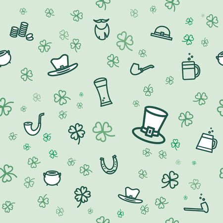St Patricks day clover seamless background. Flat vector green light poster Happy Saint Patricks day. Illustration clover, flat elements poster, postcard, flyer banner parade, beer party, bar irish pubのイラスト素材