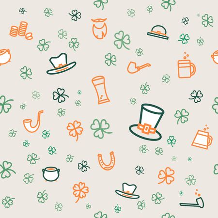 St Patricks day clover seamless background. Flat vector green orange poster Happy Saint Patricks day. Illustration clover flat elements poster postcard, flyer banner parade beer party, bar, irish pub.のイラスト素材
