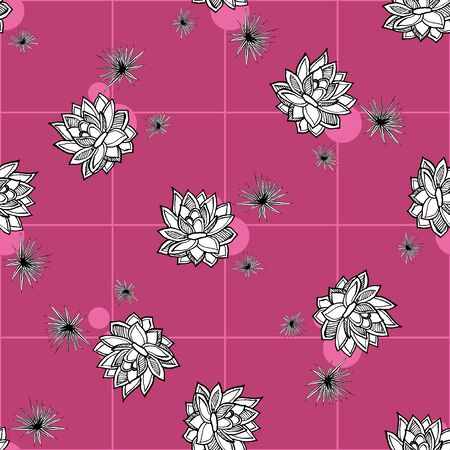 Cactus flower seamless vector pattern. Vector hand drawn pink succulent cactus illustration. Seamless plant wallpaper. Beautiful seamless exotic pattern background. Minimalist print, texture, fabric.のイラスト素材