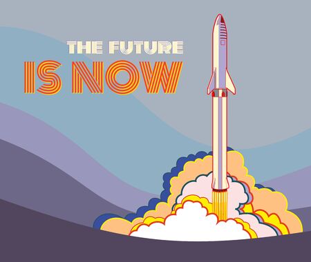 Rocket spaceship launching vector retro style illustration. Vector cartoon spaceship isolated for web, postcard, poster, print, banner.のイラスト素材