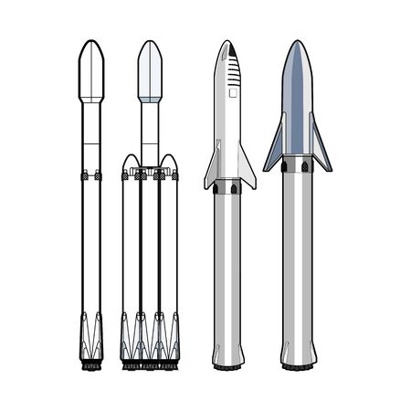 Isolated rockets set. Spaceships with booster, version 2019. Space art, rockets set, isolated vector for icons, web, space postcard, poster, clothing print.のイラスト素材