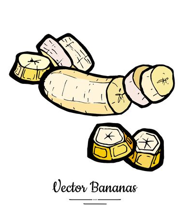 Bananas set vector isolated. Whole peeled chopped banana slices bunch. Yellow sweet fruits collection hand drawn. Food vegetarian logo icon sketch ink style. Fruit banana illustration white backgroundのイラスト素材