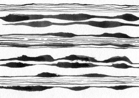 Watercolor line abstract mountains. Liquid minimalistic ink black pattern landscape. Black white ink winter landscape river. Minimalistic hand drawn illustration black lines background, poster bannerの写真素材