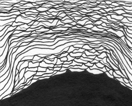Abstract landscape ink hand drawn illustration. Black white ink winter landscape with mountains, waves, lines. Minimalistic hand drawn illustration card background poster. Hand drawn watercolor linesの写真素材