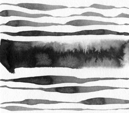 Abstract landscape ink hand drawn illustration. Black and white ink winter landscape with river. Minimalistic hand drawn illustration card background poster banner. Hand drawn watercolor black lines.の写真素材