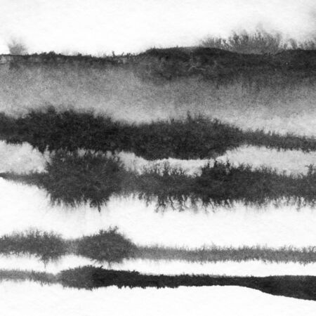 Abstract landscape ink hand drawn illustration. Black and white ink winter landscape with river. Minimalistic hand drawn illustration card background poster banner. Hand drawn watercolor black lines.の写真素材