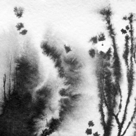 Abstract ink spots hand drawn illustration. Minimalistic hand drawn black and white painting. Watercolor illustration texture for card, background, poster, banner. Hand drawn watercolor spots, drops.の写真素材
