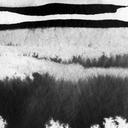 Abstract landscape ink hand drawn illustration. Black and white ink winter landscape with river. Minimalistic hand drawn illustration card background poster banner. Hand drawn watercolor black lines.の写真素材