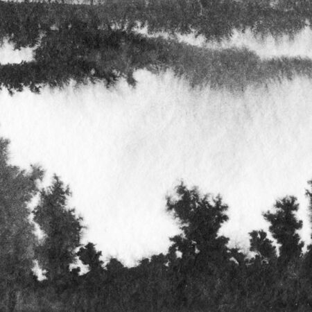 Abstract landscape ink hand drawn illustration. Black and white ink winter landscape with river. Minimalistic hand drawn illustration card background poster banner. Hand drawn watercolor black lines.の写真素材