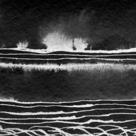Abstract landscape ink hand drawn illustration. Black and white ink winter landscape with river. Minimalistic hand drawn illustration card background poster banner. Hand drawn watercolor black lines.の写真素材