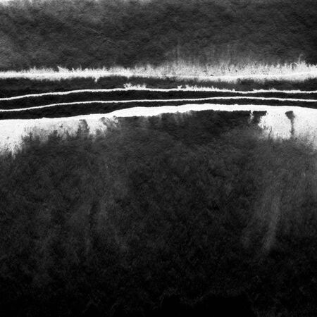Abstract landscape ink hand drawn illustration. Black and white ink winter landscape with river. Minimalistic hand drawn illustration card background poster banner. Hand drawn watercolor black lines.の写真素材