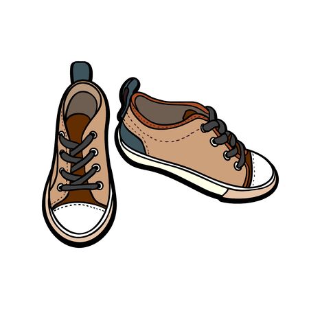 Sneakers shoes pair isolated. Hand drawn vector illustration of brown beige shoes. Sport boots hand drawn for logo, poster, postcard, fashion booklet, flyer. Vector sketch sneakers. Brown beige shoes.のイラスト素材