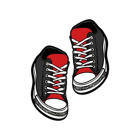 Sneakers shoes pair isolated. Hand drawn vector illustration of red and black shoes. Sport boots hand drawn for logo, poster, postcard, fashion booklet, flyer. Vector sketch sneakers. Red black shoes.のイラスト素材