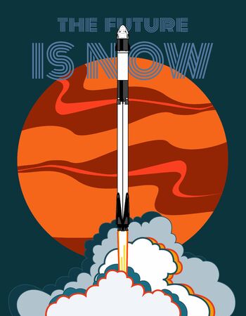 Rocket, space craft vector. 2019 March, 2 rocket launching. Vector poster spaceship, Mars, flame and steam on blue background. Vertical space poster. Spaceship cartoon art, retro style illustration.のイラスト素材
