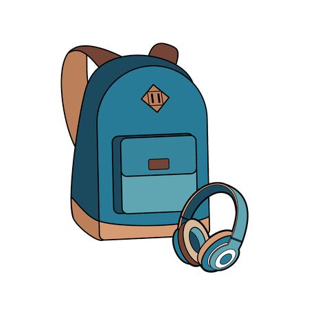 Backpack, bag, rucksack and headphones vector isolated set. Youth fashion hipster knapsack illustration in minimalist style for logo, sign, poster, postcard, fashion booklet, flyer. Sport bag logo.のイラスト素材