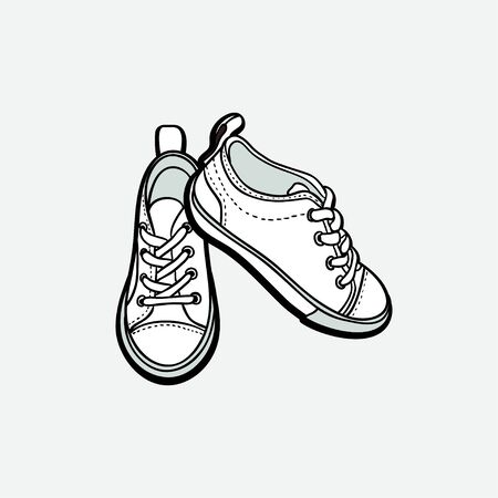 Sneakers shoes pair isolated. Hand drawn vector illustration black and white shoes. Sport boots hand drawn for logo, poster, postcard, fashion booklet, flyer. Vector sketch sneakers. Sport shoes.のイラスト素材