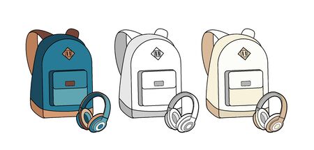 Backpack, bag, rucksack and headphones vector isolated set. Youth fashion hipster knapsack illustration in minimalist style for logo, sign, poster, postcard, fashion booklet, flyer. Sport bag logo.のイラスト素材