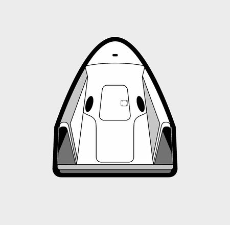 Space craft, rocket launch 2019. Vector isolated spaceship. Futuristic art, rocket launching vector retro style illustration. Cartoon for web, postcard, poster, clothing print.のイラスト素材