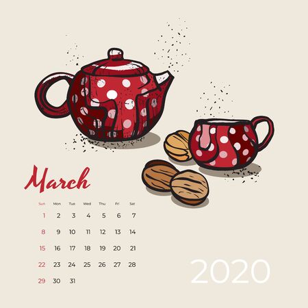 2020 March calendar food and tea art vector. Tea party sketched calendar. March page with red teapot, cup, cookie nuts hand drawn vector illustration for tea, coffee shop, restaurant 03, 2020 templateのイラスト素材