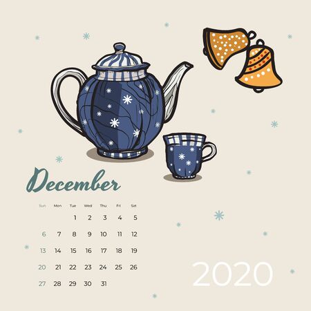 2020 December calendar food, tea art vector. Tea party sketched calendar. December page blue teapot, cup, bell cookies hand drawn vector illustration for tea, coffee shop, restaurant 12, 2020 templateのイラスト素材