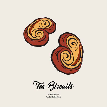 Bun sweet isolated hand drawn vector line illustration in old style. Vector tea biscuits, cookies for cooking logo, packaging design, cafe menu, banner, flayer, coffee shop in retro hand drawn style.のイラスト素材