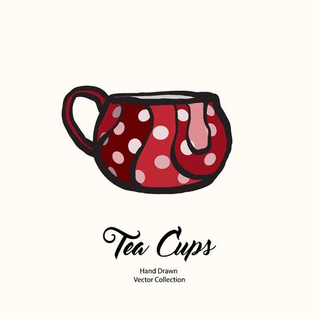 Tea cup hand drawn vector illustration old style. Vector line illustration red polka dots isolated mug for cafe menu, logo, banner, flayer retro hand drawn style. Tea cup logo coffee shop, restaurant.のイラスト素材