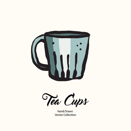 Tea cup hand drawn vector illustration old style. Vector line illustration of isolated blue mug for cafe menu, logo, banner, flayer in retro hand drawn style. Tea cup logo for coffee shop, restaurant.のイラスト素材