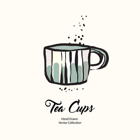 Tea cup hand drawn vector illustration old style. Vector line illustration of isolated blue mug for cafe menu, logo, banner, flayer in retro hand drawn style. Tea cup logo for coffee shop, restaurant.のイラスト素材