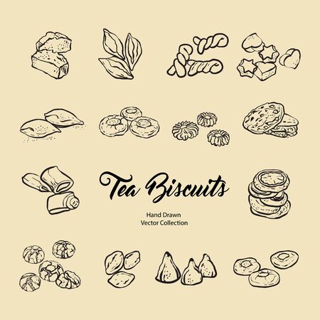 Biscuits isolated hand drawn vector set, line illustration old style. Vector tea biscuits, cookies for cooking logo, packaging design, cafe menu, banner, flayer, coffee shop in retro hand drawn style.のイラスト素材